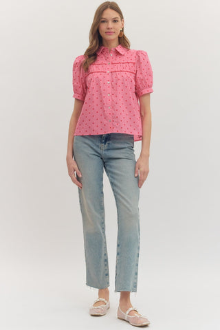 Entro Women's Tops Pink Dot Puff Sleeve Top