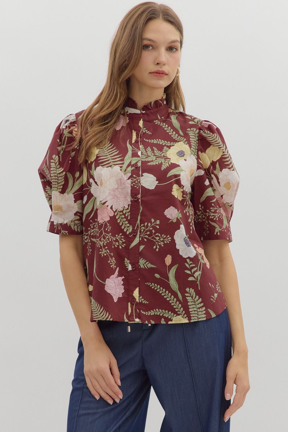 Merlot Floral Ruffle Neck Top