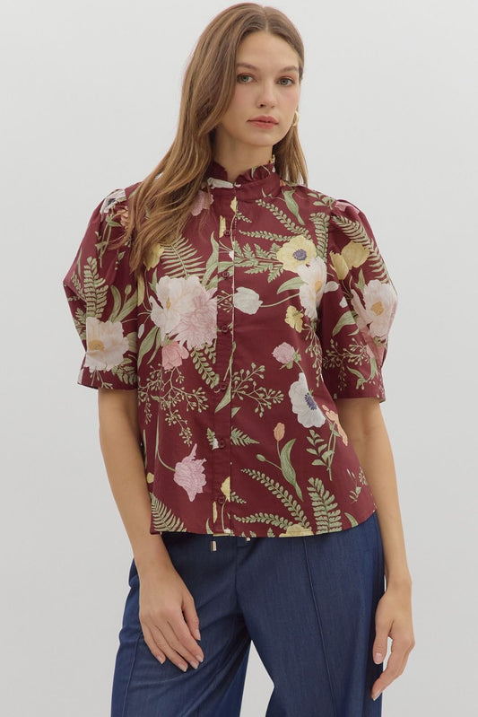 Merlot Floral Ruffle Neck Top