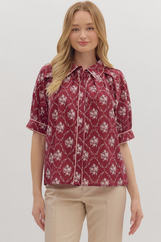 Burgundy Floral Print Top