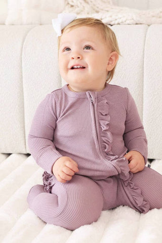 Amethyst Waffle Bamboo Ruffle Zipper Footie