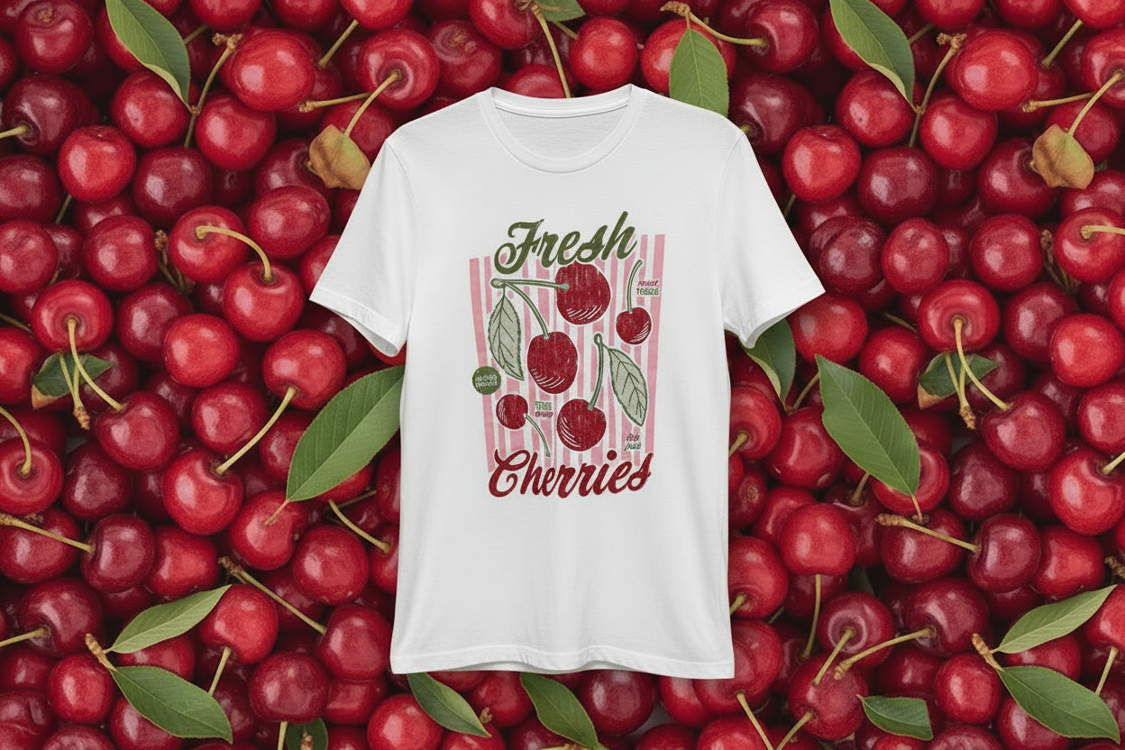 White t-shirt with red cherries and green leaves on a gray surface