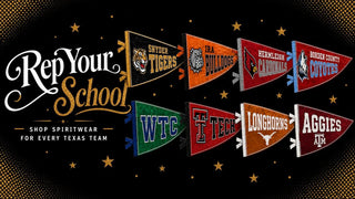 Rep Your School: spiritwear for every Texas team, with school pennants on a black starry background