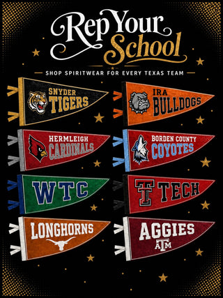 Rep Your School: spiritwear for every Texas team, with school pennants on a black starry background