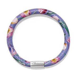 Brighton La Tulipe Iris Woodstock bracelet with purple floral fabric and silver nameplate