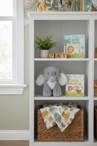 Keith Jungle Elephant on nursery shelf with jungle decor