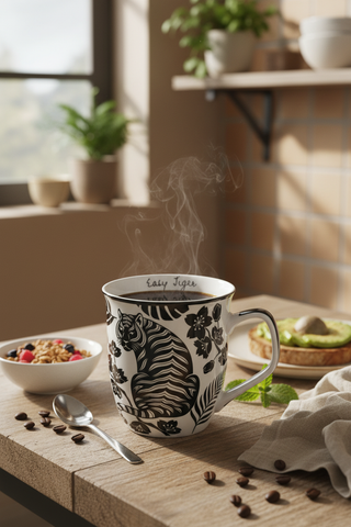 Tiger Boho Mug on kitchen counter with coffee in morning light