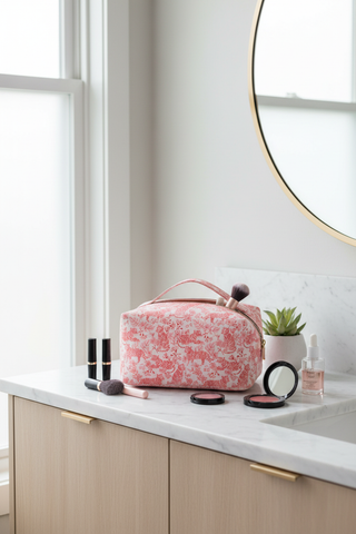 Tiger Jumbo Cosmetic Bag on bathroom counter with makeup and beauty items