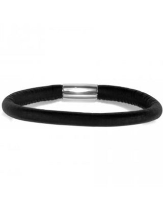 Brighton black leather bracelet with silver magnetic clasp on white background