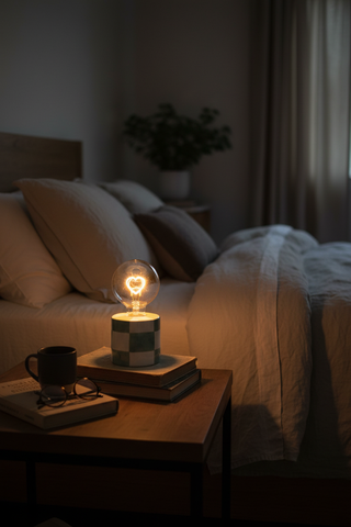 Checkered Ceramic LED Light on bedside table with warm glow