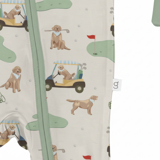 Barks & Birdies Zippie close-up showing dog and golf bird pattern detail