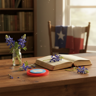 Texas sticky notes with acrylic holder styled with bluebonnets and leather journal in warm golden light