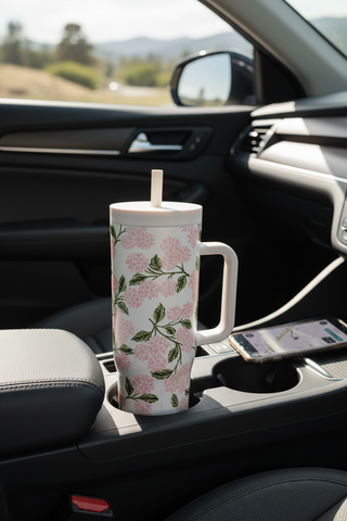 40oz Rifle Paper Pink Hydrangea Cruiser in car cup holder