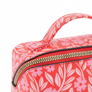 Red Floral Cosmetic Bag close-up showing floral pattern and fabric texture