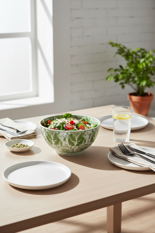 Green Pattern Stoneware Bowl on dining table with salad