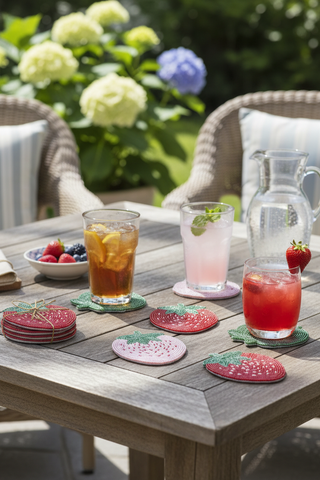 Set of Beaded Strawberry Coasters on outdoor patio table with summer drinks