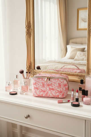 Tiger Jumbo Cosmetic Bag on vanity with beauty products and cosmetics