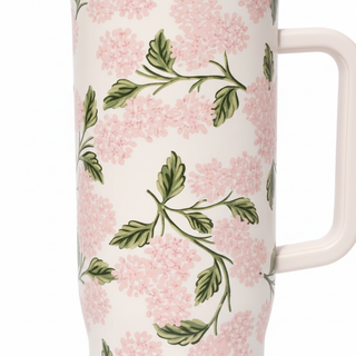 Close-up detail of pink hydrangea floral pattern on Rifle Paper Cruiser