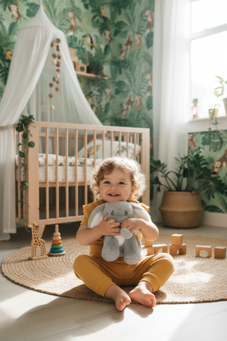 Child holding Keith Jungle Elephant in jungle-themed nursery