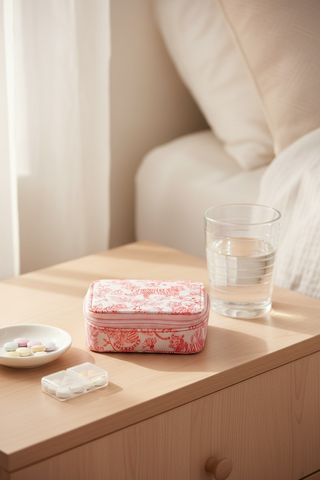 Tiger Travel Pill Case on nightstand with water glass