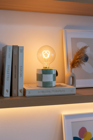 Checkered Ceramic LED Light on living room shelf with books and decor