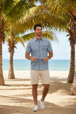 Dorset Floral Vintage Soft Shirt worn by man outdoors with shorts and sneakers