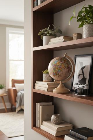 Globe On Metal Stand on bookshelf in living room with decor items