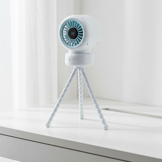 Stroller fan standing on tripod base on a modern white desk with soft natural light