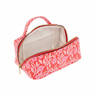 Red Floral Cosmetic Bag open showing interior