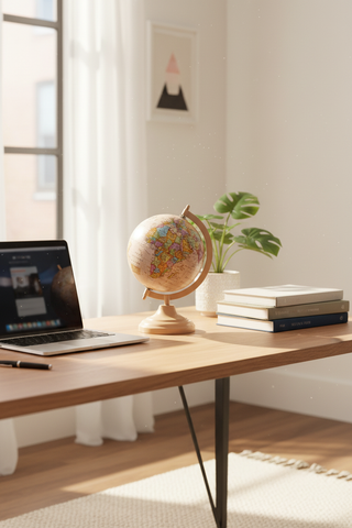 Globe On Metal Stand on desk in home office with books and laptop