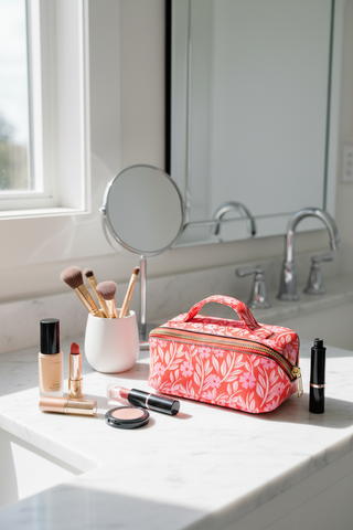 Red Floral Cosmetic Bag on bathroom counter with makeup items