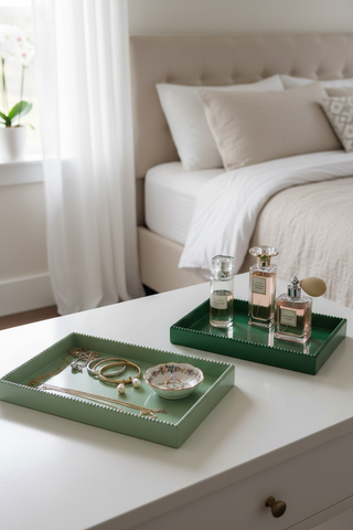 Decorative Hobnail Edge Green Trays on vanity with jewelry and perfume