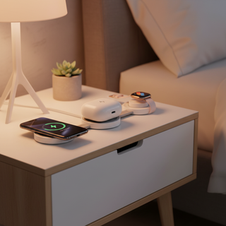 3-in-1 wireless charger on a nightstand charging phone, smartwatch, and earbuds with warm ambient lighting