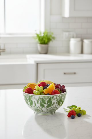 Green Pattern Stoneware Bowl on kitchen counter with fresh fruit