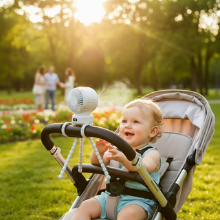 Stroller fan clipped onto a stroller in a sunny park with a happy baby