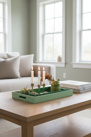 Decorative Hobnail Edge Green Trays on coffee table with candles and decor items