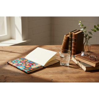 Amelie Notebook lifestyle photo on rustic wooden desk