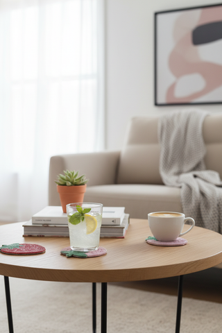 Set of Beaded Strawberry Coasters on coffee table with drinks