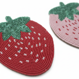 Set of Beaded Strawberry Coasters close-up showing beadwork detail and strawberry design