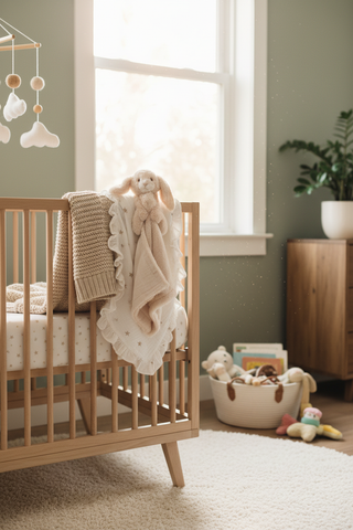 Plush bunny in decorated nursery setting