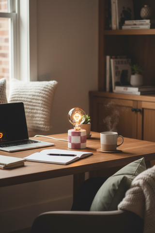 Checkered Ceramic LED Light on home office desk with warm ambient lighting