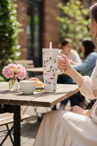 Woman holding 40oz Rifle Paper Pink Hydrangea Cruiser at outdoor cafe