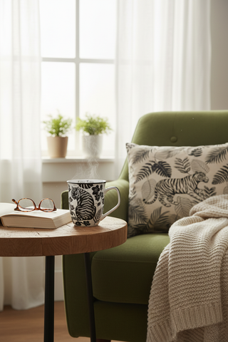 Tiger Boho Mug in cozy reading nook with book