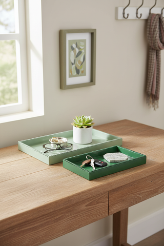 Decorative Hobnail Edge Green Trays on entryway table with keys and small items