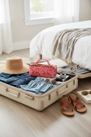 Red Floral Cosmetic Bag in suitcase with travel items