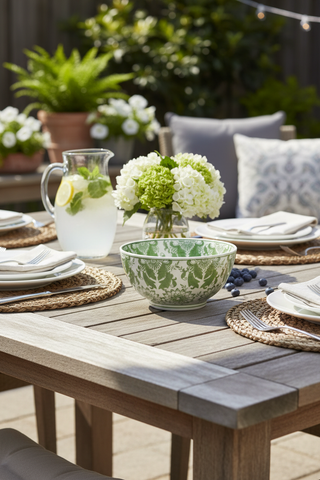 Green Pattern Stoneware Bowl on outdoor patio table for summer dining