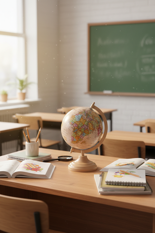 Globe On Metal Stand in classroom or study room on teacher desk