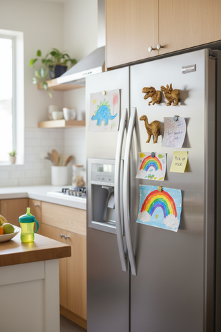 Dinosaur Magnets on refrigerator in modern kitchen holding kids artwork