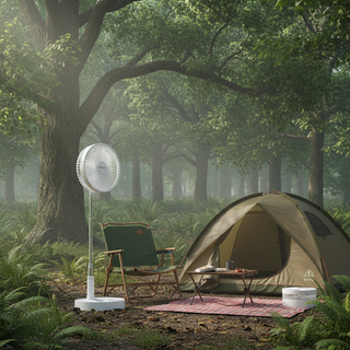 Foldable telescopic fan set up at a campsite next to a camping chair and tent outdoors