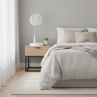 Foldable telescopic fan fully extended on a nightstand in a bright modern bedroom